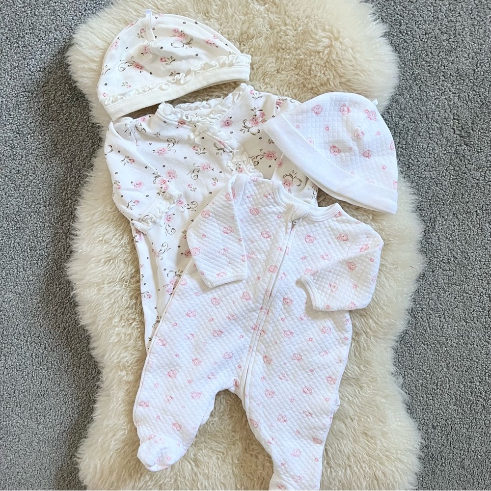 Little Me Set of One Piece Footies with Caps/ Hats Newborn 3M